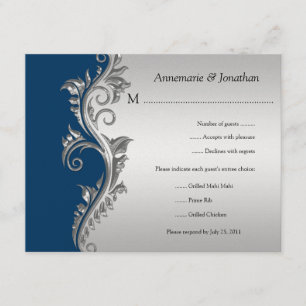 Vintage Blue Black and Silver Floral RSVP Card