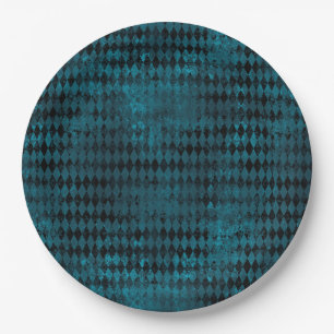 Vintage Blue & Black Harlequin Pattern Paper Plate
