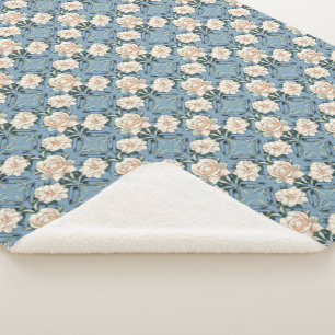 Vintage Blue Blush Pink Roses Sherpa Throw Blanket
