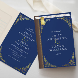 Vintage Blue Book Cover Gold Floral Folded Wedding Invitation