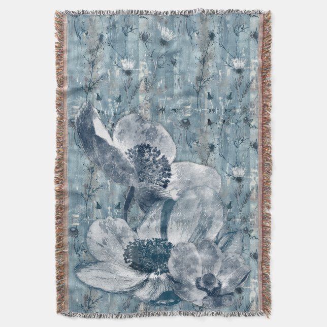 Vintage Blue Botanical Illustration Throw Blanket (Front Vertical)
