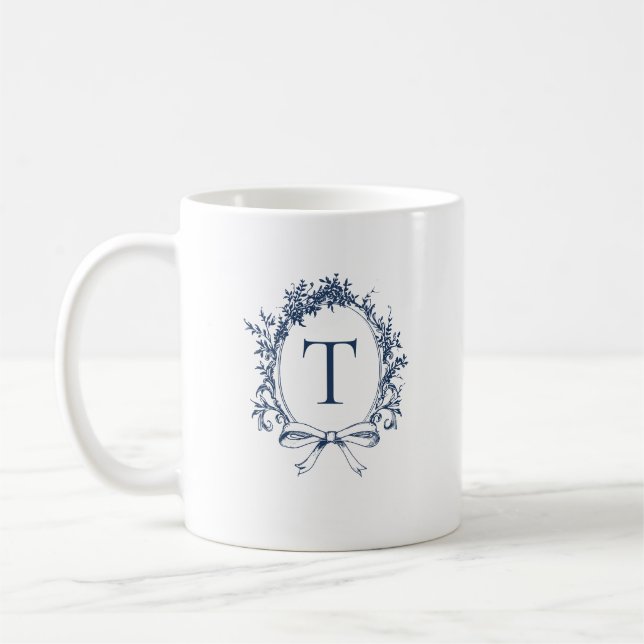 Vintage Blue Botanical Monogram Coffee Mug (Left)