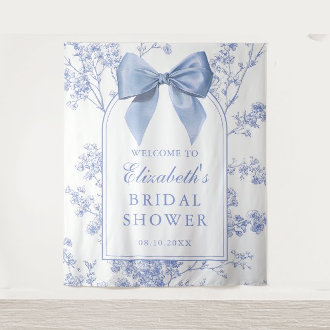 Vintage Blue Bow Bridal Shower Photo Backdrop Tapestry (Front)