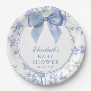 Vintage Blue Bow Floral Baby Shower Paper Plate