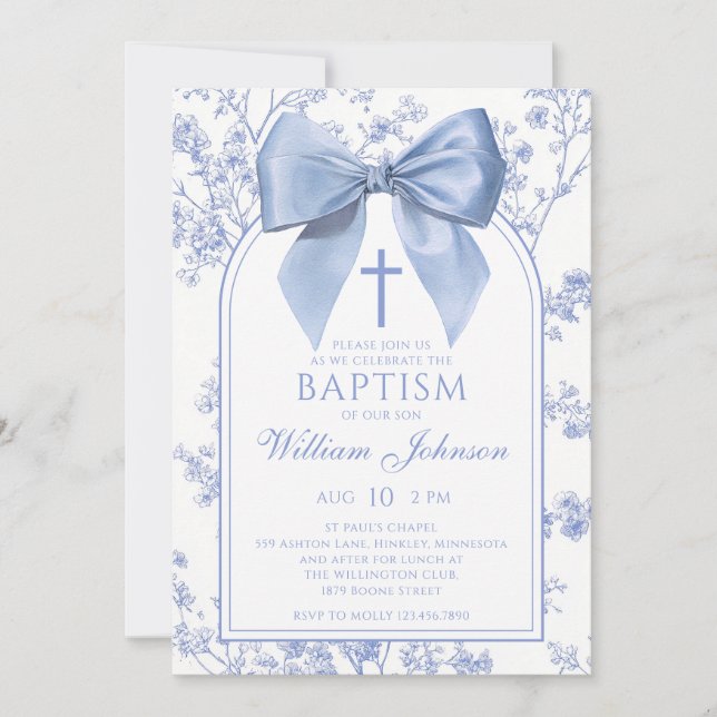 Vintage Blue Bow Floral Baptism Invitation (Front)