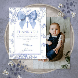 Vintage Blue Bow Floral Boy Baptism Photo Thank You Card
