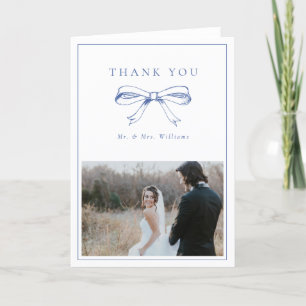 Vintage Blue Bow Mr. & Mrs. Photo Folded Wedding Thank You Card