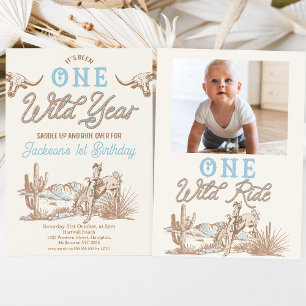 Vintage Blue Boys Photo Wild Year 1st Birthday  Invitation