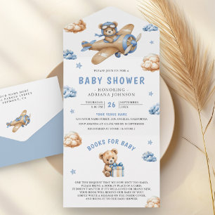 Vintage Blue Brown Aeroplane Teddy Bear Baby Showe All In One Invitation
