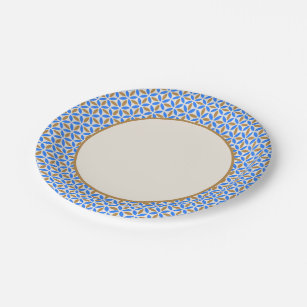 Vintage Blue Brown Barcelona Petals Geometric Tile Paper Plate