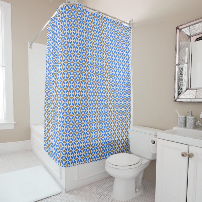 Vintage Blue Brown Barcelona Petals Geometric Tile Shower Curtain (In Situ)
