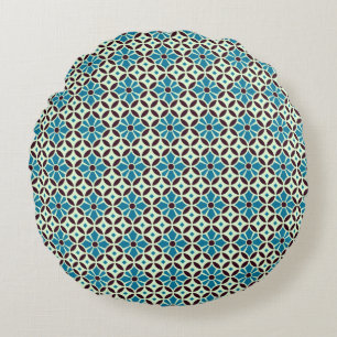 Vintage Blue Brown Barcelona Star Tile Geometric Round Cushion