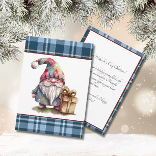Vintage Blue Buffalo Plaid Watercolor Gnome Holiday Card