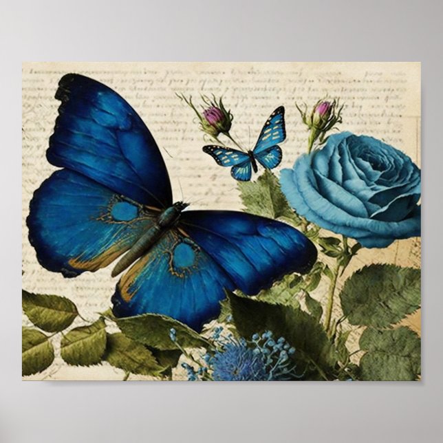 Vintage Blue Butterflies and Roses Decoupage Poster (Front)