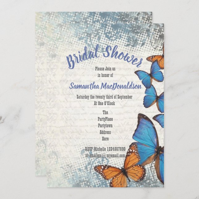 Vintage blue butterflies bridal shower invitation (Front/Back)