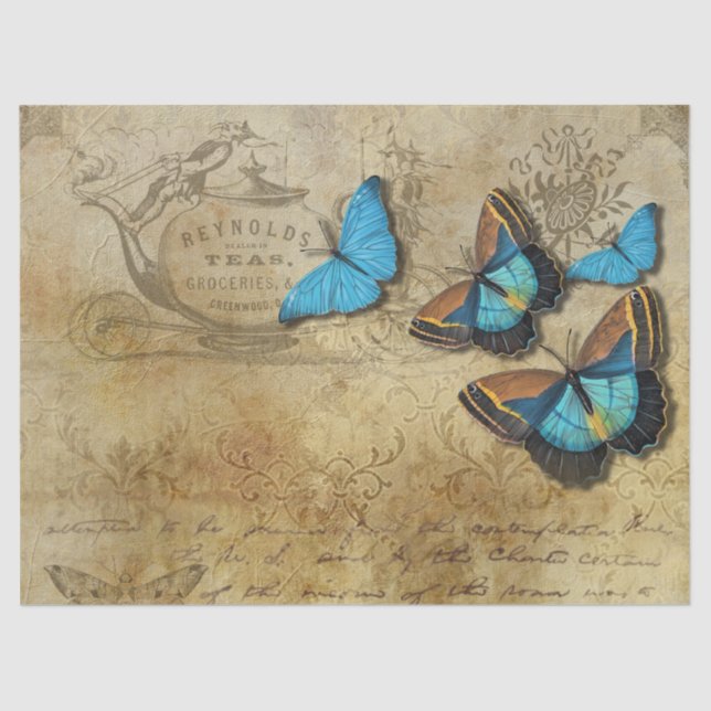 Vintage Blue Butterflies Decoupage Tissue Paper (Front)