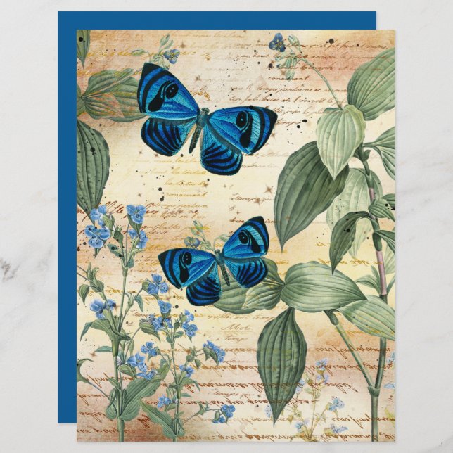 Vintage Blue Butterflies Scrapbook Paper (Front/Back)
