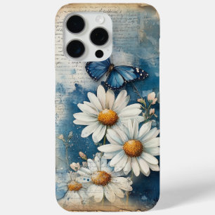 Vintage Blue Butterfly and Daisies – Cottagecore iPhone 15 Pro Max Case