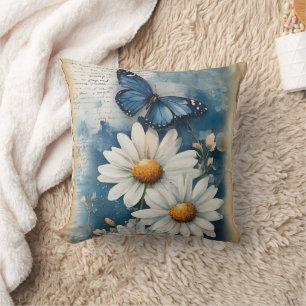 Vintage Blue Butterfly and Daisies Farmhouse Cushion