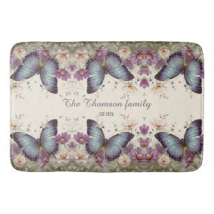 Vintage Blue Butterfly and Floral for Family Bath Mat