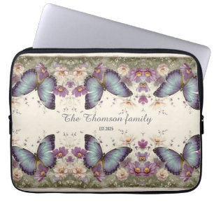 Vintage Blue Butterfly and Floral for Family Laptop Sleeve
