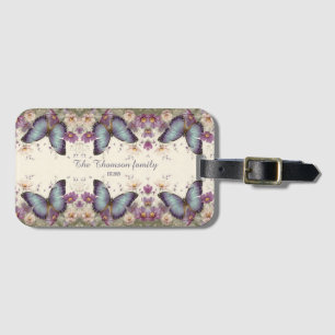 Vintage Blue Butterfly and Floral for Family Luggage Tag