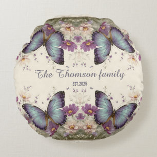 Vintage Blue Butterfly and Floral for Family Round Cushion