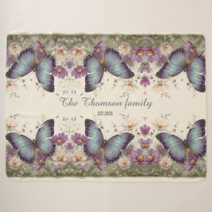 Vintage Blue Butterfly and Floral for Family Sherpa Blanket
