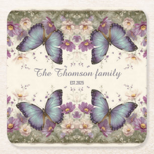 Vintage Blue Butterfly and Floral for Family Square Paper Coaster