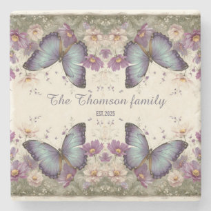 Vintage Blue Butterfly and Floral for Family Stone Coaster