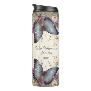 Vintage Blue Butterfly and Floral for Family Thermal Tumbler