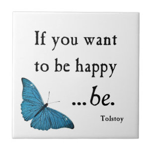 Vintage Blue Butterfly and Tolstoy Happiness Quote Tile