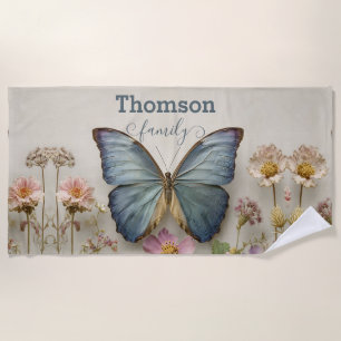 Vintage Blue Butterfly Floral Garden Family Beach Towel