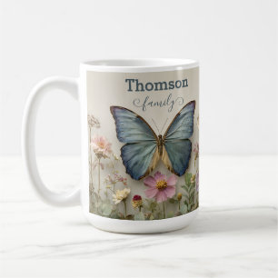 Vintage Blue Butterfly Floral Garden Family Coffee Mug