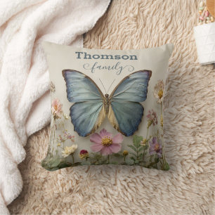 Vintage Blue Butterfly Floral Garden Family Cushion