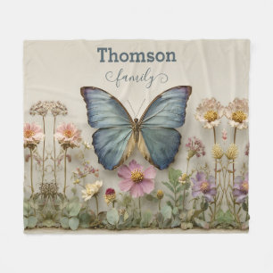 Vintage Blue Butterfly Floral Garden Family Fleece Blanket