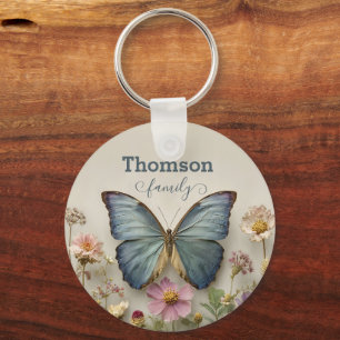 Vintage Blue Butterfly Floral Garden Family Key Ring