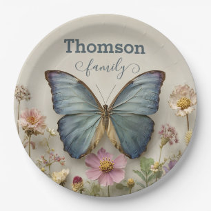 Vintage Blue Butterfly Floral Garden Family Paper Plate