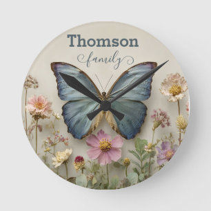 Vintage Blue Butterfly Floral Garden Family Round Clock