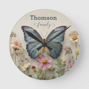 Vintage Blue Butterfly Floral Garden Family Round Clock