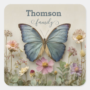 Vintage Blue Butterfly Floral Garden Family Square Sticker