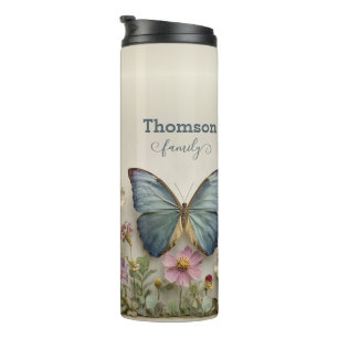 Vintage Blue Butterfly Floral Garden Family Thermal Tumbler