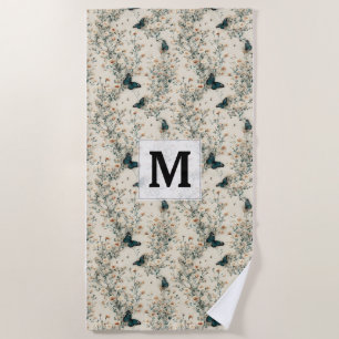 Vintage Blue Butterfly Floral Monogram Beach Towel