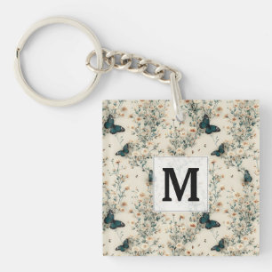 Vintage Blue Butterfly Floral Monogram Key Ring