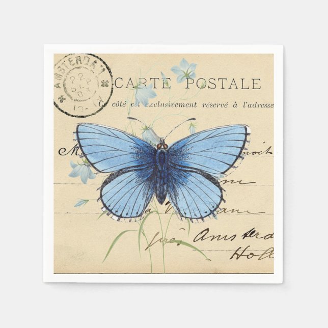 Vintage Blue Butterfly French Postcard Napkin (Front)