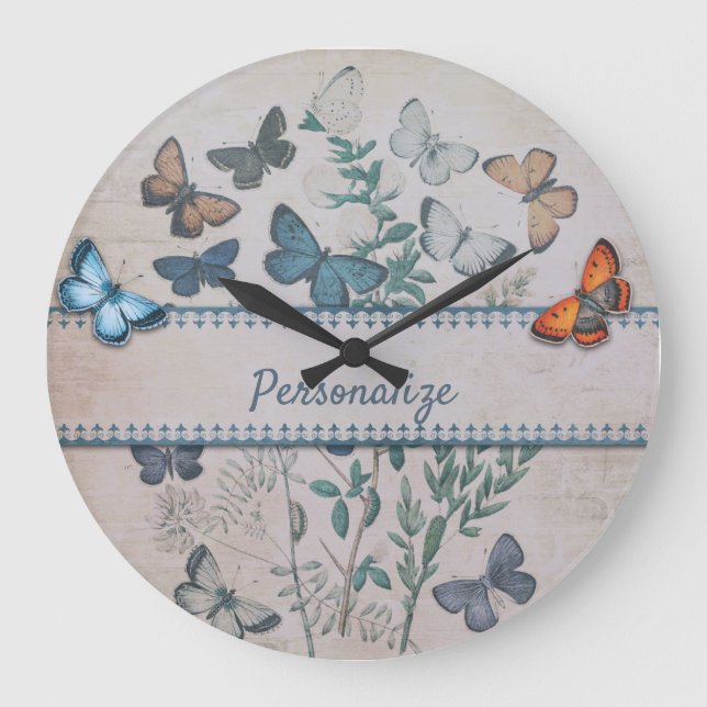 Vintage Blue Butterfly Pattern Personalised  Large Clock (Front)