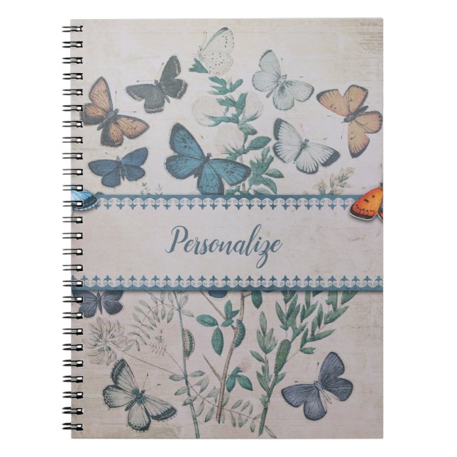 Vintage Blue Butterfly Pattern Personalised Notebo Notebook (Front)
