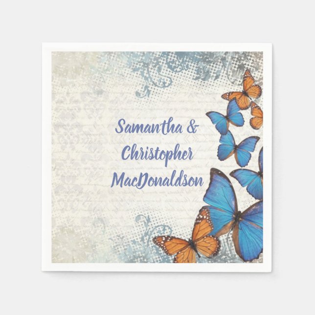 Vintage blue butterfly wedding napkin (Front)