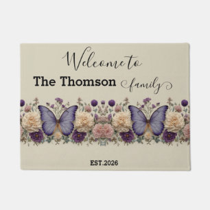 Vintage Blue Butterfly with Floral for Family Doormat
