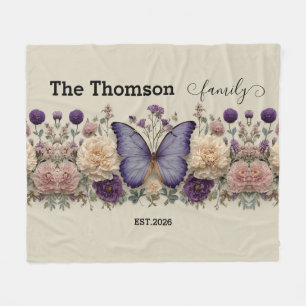 Vintage Blue Butterfly with Floral for Family Fleece Blanket
